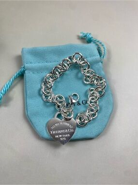Tiffany & Co. Sterling Silver Heart Tag Charm Bracelet - Light Blue